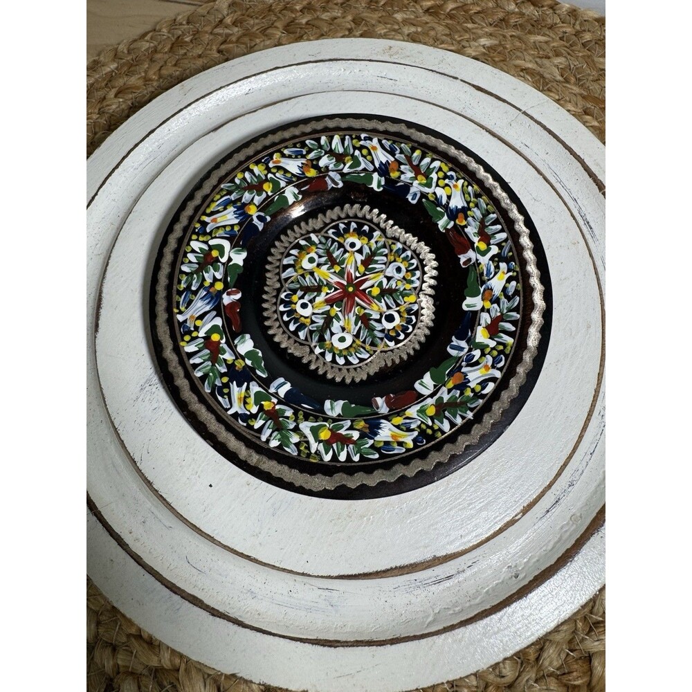 Izmir Turkey Copper Painted Plate Floral Ornate Etched Wall Hanging 4.25”